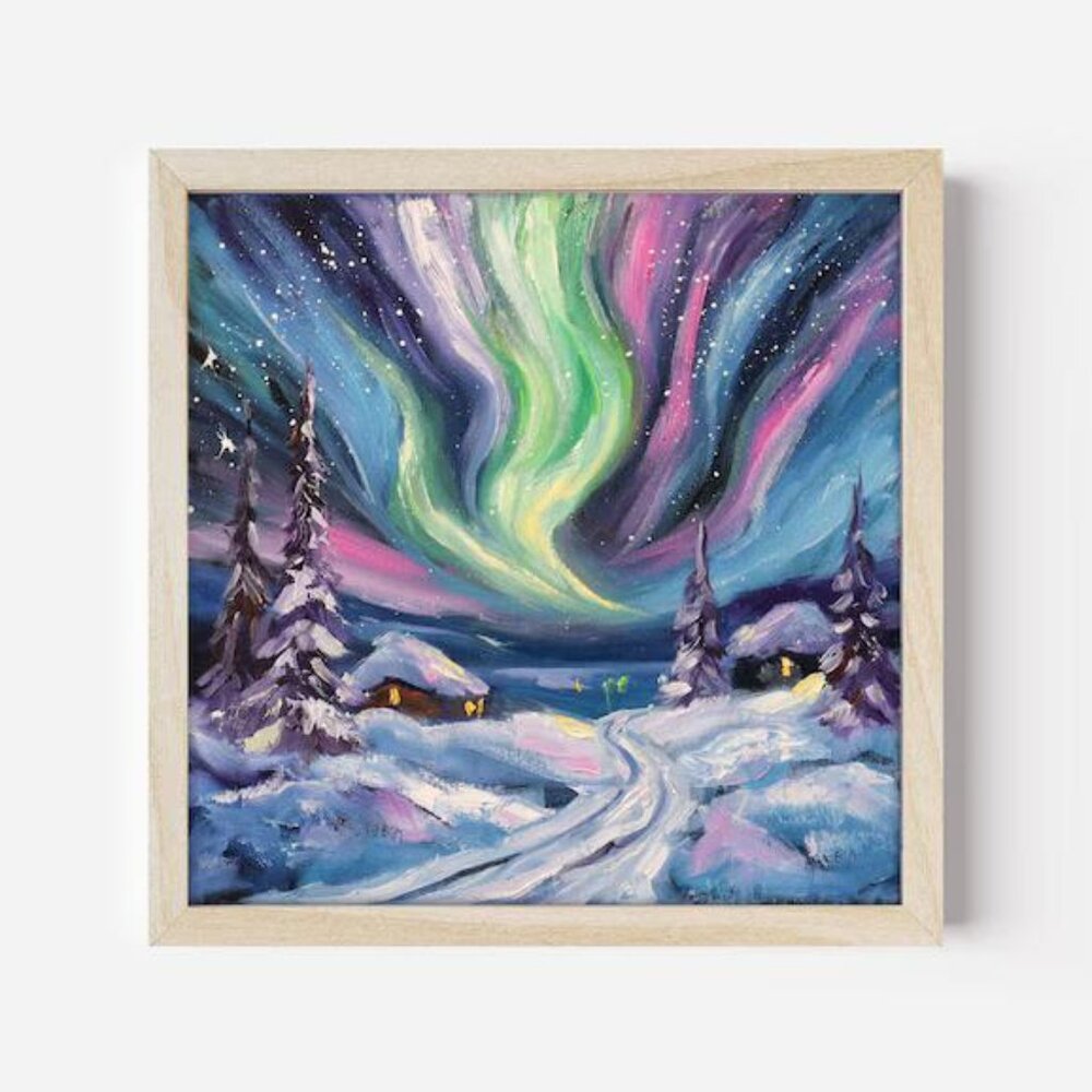 Original Painting of Northern Lights on Canvas 10x10" Wall Art Oil Painting